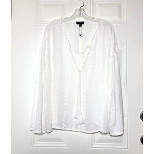 RD & Koko Top Womens Size M White Embroidered Eyelet Boho Oversize Tassel Tie
